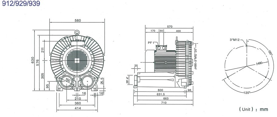 Installation Dimension of Single stage Blowers model 912-929-939